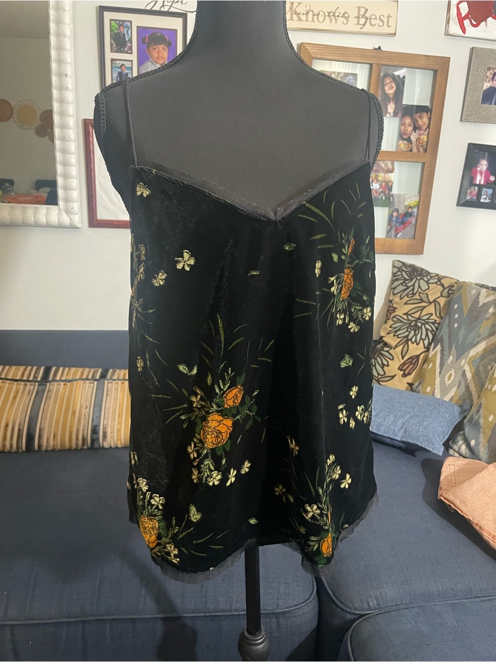 Zara Black Velvet Camisole with Orange & Green Floral Embroidery